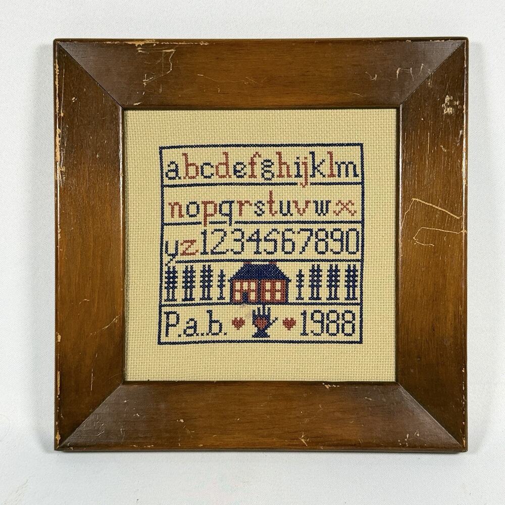 Vintage 1988 Cross Stitch Sampler Framed Country House Alphabet Folk Art 11x11